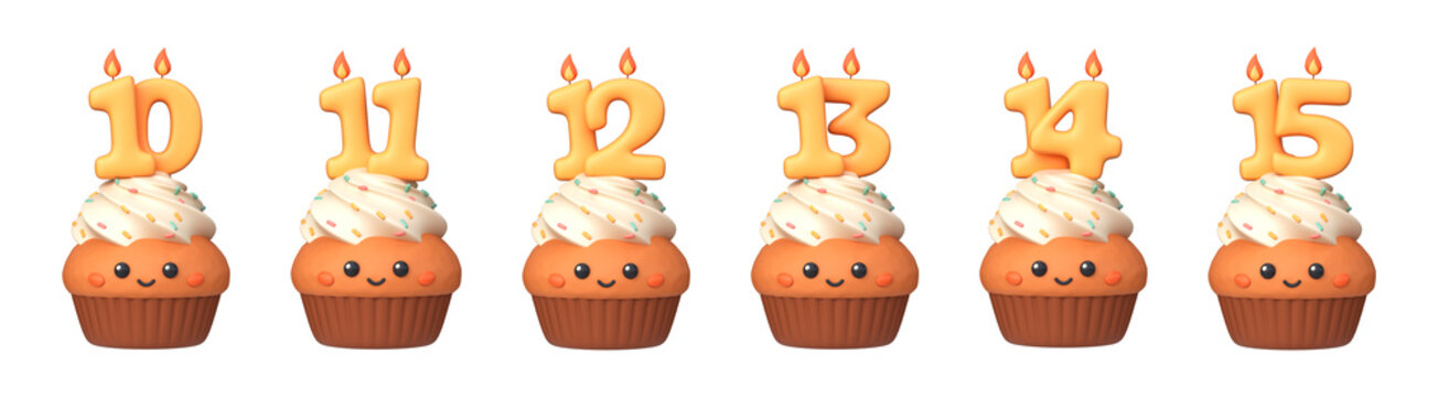 3D Cute Birthday Cupcakes with Numbers 10 to 15. Set of cartoon cupcake icons for anniversary celebrations, greeting cards and party design.