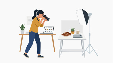 Fototapeta premium Woman photographing shoes for online store with lighting setup vector style