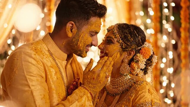 Joyful indian couple with turmeric on faces during a haldi ceremony in a warm, bokeh-lit wedding setting.