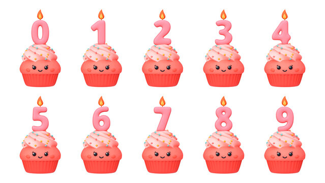 3D Cute Birthday Cupcakes with Numbers 0 to 9. Set of cartoon cupcake icons for children birthday celebrations, greeting cards and party design.