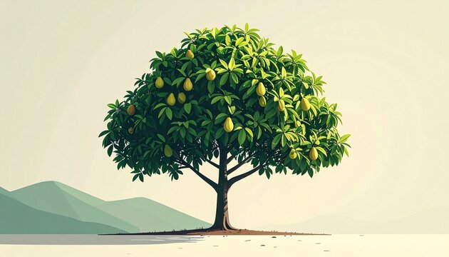 Lush Mango Tree Illustration with Abundant Fruit and Greenery.