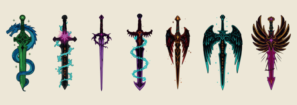 Mystic fantasy sword set, magical blade weapon icons, RPG game gear graphics, dark fantasy sword vectors, enchanted steel weapon art, medieval warrior equipment, mythical sword design assets.

