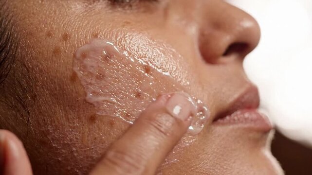 Macro shot of a finger applying clear serum to freckled skin in a bright studio setting.