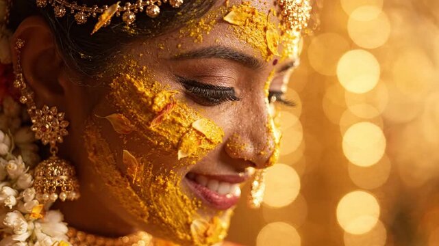 Joyful indian bride with turmeric and gold flakes on face smiling at a haldi ceremony with warm bokeh lights.
