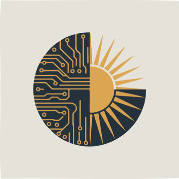 Geometric sticker of a sun split into a digital circuit board pattern isolated on transparent background for modern design