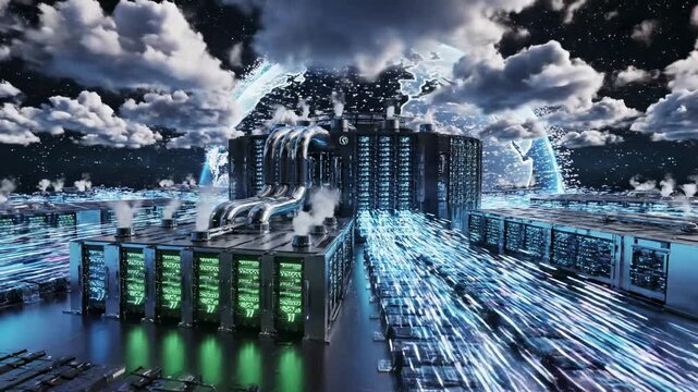 An epic digital landscape unfolds with futuristic server towers emitting streams of glowing data, under a dramatic sky filled with swirling clouds and artificial lightning, depicting powerful