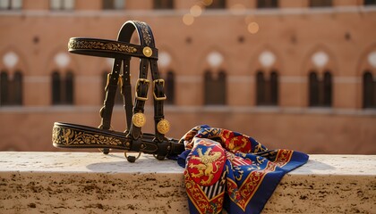 Fototapeta premium Traditional horse bridle and contrada scarf for the Il Palio horse race in Siena, Italy, symbolizing historical heritage and competition concept in golden light