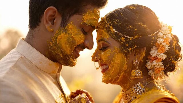Close-up of indian bride and groom during haldi wedding ritual in warm sunset light outdoors.