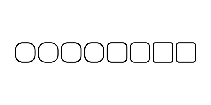 Rounded square border sequence showing gradual corner radius changes for graphic design interface layout and minimalist application frame set collection.