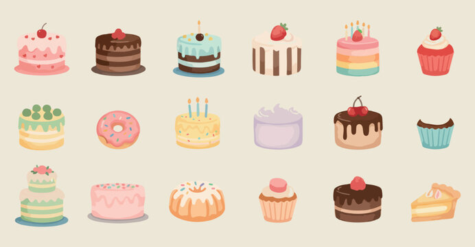 Delicious cake and dessert collection, sweet bakery treat icons, colorful pastry and cupcake vectors, celebration birthday cake art, assorted dessert menu graphics, flat design bakery shop assets, tas