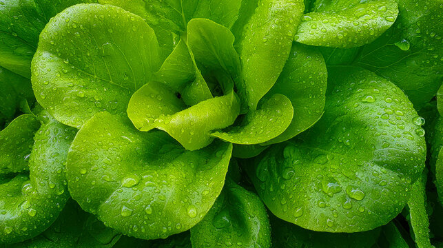 Detailed macro shot of vibrant organic lettuce in natural light. Crip and refreshing organic lettuce with water droplets captured under natural sunlight in macro view