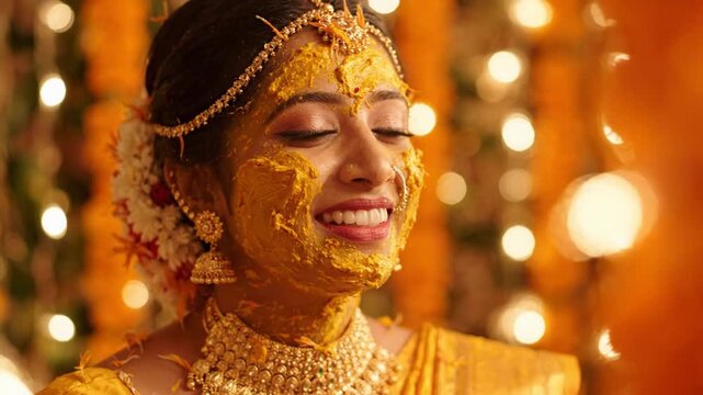 Radiant indian bride smiling during haldi ceremony with turmeric paste and warm bokeh background.