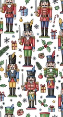 Fototapeta premium Colorful Nutcracker Soldier Pattern with Gifts and Holiday Decorations on White Background