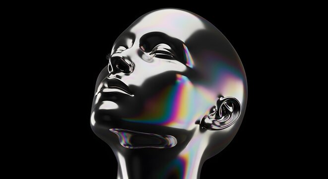 Metallic chrome human sculpture and liquid metal textures. Futuristic artificial intelligence and robotics. Close up of a reflective black chrome head looking up with rainbow flares.