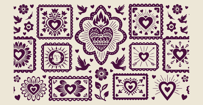 Folk style tile pattern design, traditional ethnic floral ornament, symmetrical decorative stamp graphics, cultural geometric art vectors, vintage tile textile pattern, purple folk motif illustration,