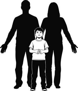 Young boy standing in front of the dark silhouettes of his parents in this simple black and white line art illustration