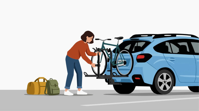 Woman loading bicycle onto car rack with luggage ready for a trip vector style