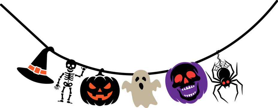 Halloween garland vector banner with hanging spooky elements like pumpkin skull ghost and spider