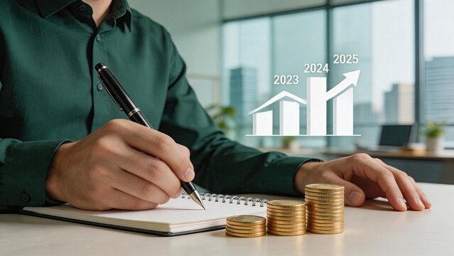 Businessman holding tablet presenting rising bar graph with percentage signs, financial growth and economic profit analysis concept for corporate strategy and investment success