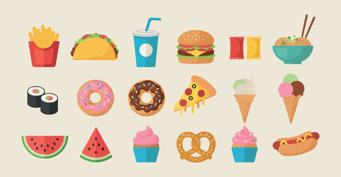 Fast food and snacks collection, delicious junk food icons set, colorful burger pizza taco vectors, street food meal illustrations, tasty dessert and drink graphics, flat design food menu assets, asso