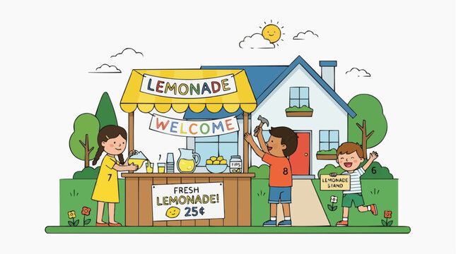 Children running a lemonade stand outside a house on a sunny day vector style