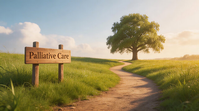 Pathway to tree with palliative care sign ideal for wellness retreats and mindfulness content