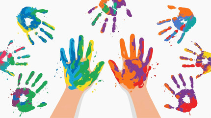 Fototapeta premium Colorful handprints and hand paintings on white background symbolizing creativity and diversity vector style