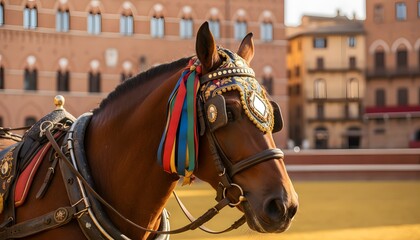 Obraz premium Brown horse in ceremonial harness during the palio horse race pre-race parade in siena italy, traditional heritage and cultural competition concept with festive ribbons
