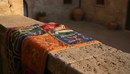 Fototapeta premium Close up of a medieval flag for the Il Palio horse race concept, draped over a sunlit stone wall in Siena, Italy, showcasing traditional heraldry and cultural heritage