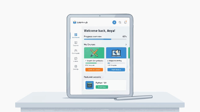 Digital tablet displaying online learning platform dashboard with courses and lessons vector style