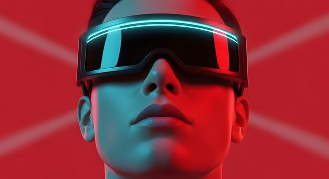 Close up of man wearing high tech virtual reality goggles. Immersive gaming and meta universe. Male face looking up with cyan and red lighting and glowing headset