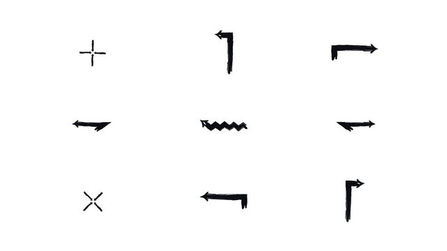Angled and multidirectional animated bold thick stroke arrows set. Expressive doodle marker pointers animation for guiding. Grunge drawn design elements 4K video. Rough freehand motion graphics pack