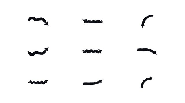 Flowing wavy animated bold thick stroke arrows set. Expressive doodle marker pointers animation for highlighting. Grunge drawn design elements 4K video. Directional rough freehand motion graphics pack