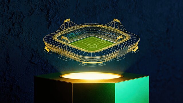 3d wireframe soccer stadium model floating above illuminated green and  ready to competition match. 