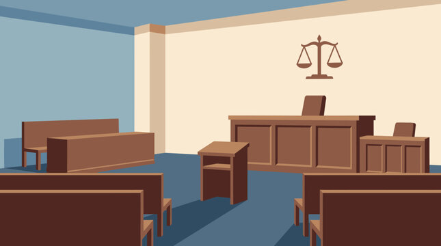 courtroom interior with judge desk.