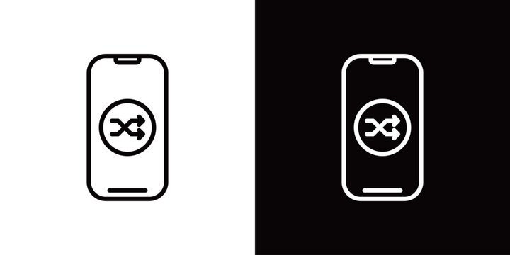 シャッフル再生マークが表示されたスマホ画面のラインアイコン。白い線と黒い線のモノクロベクターイラストセット