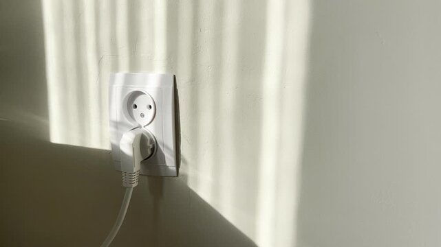 minimalist white wall electrical outlet connects sleek power cable through soft morning window blind shadows