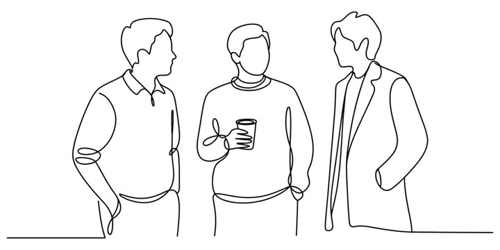 Three men talking and standing together in a continuous line art style