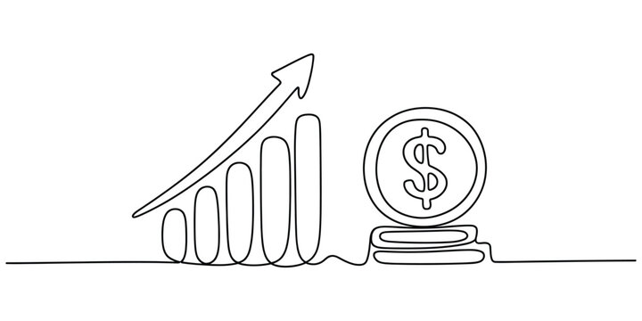 Continuous line drawing of a growing bar chart and a dollar coin stack