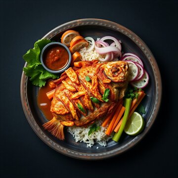 Traditional Indonesian pecel lele with sambal and fresh vegetables, crispy fried catfish served on rustic plate