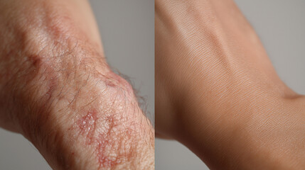 Fototapeta premium A close-up, split image compares the appearance of a severely dry and cracked skin condition on the left with the smooth, hydrated, and healthy skin texture on the right.