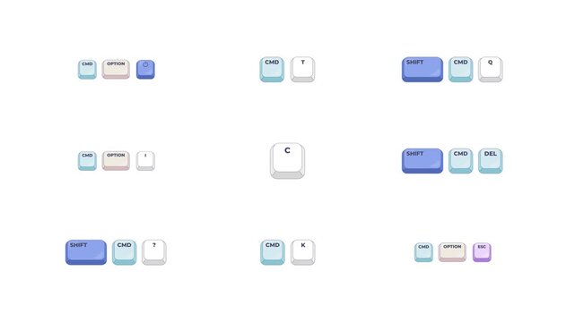 Shortcut combinations keyboard keys set animation. Commands for productivity, editing and navigation. Animated hotkey combo buttons click for pc, laptop. 4K video. Computer press action collection