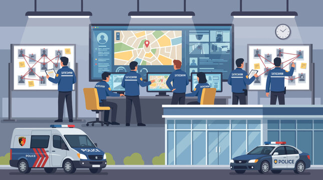 Police officers working in a modern command center with vehicles outside.