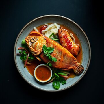 Traditional Indonesian pecel lele with sambal and fresh vegetables, crispy fried catfish served on rustic plate