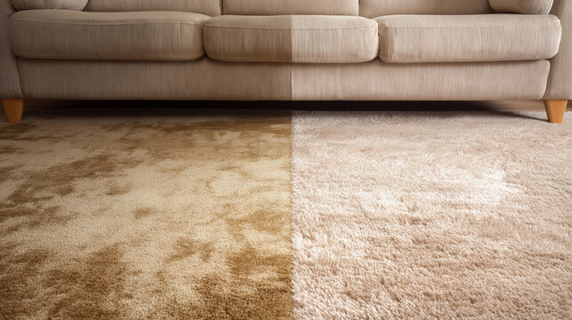 A diptych comparing a stained and dull carpet to the left with a bright and clean carpet to the right, emphasizing a deep cleaning transformation.