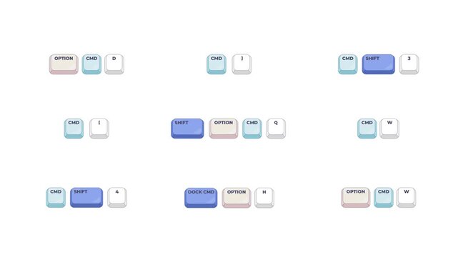 Productivity keyboard shortcut keys set animation. Various command combinations. System navigation. Animated hotkey combo buttons click for pc, laptop. 4K video. Computer press action collection