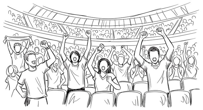 Excited Sports Fans Cheering with Raised Arms in Stadium Crowd