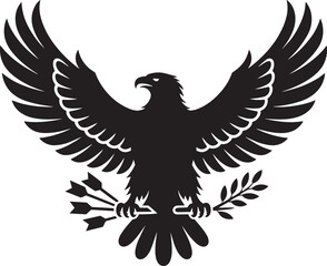 Majestic eagle holding arrows and olive branch in solid black silhouette style with national freedom © lok0077