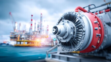 Obraz premium Close-up of industrial gas turbine engine with oil refinery background