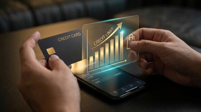 Premium FinTech and Credit Management Concept: Hands Holding Minimalist Credit Card over Smartphone with Holographic Credit Limit Growth Chart and Gold UI